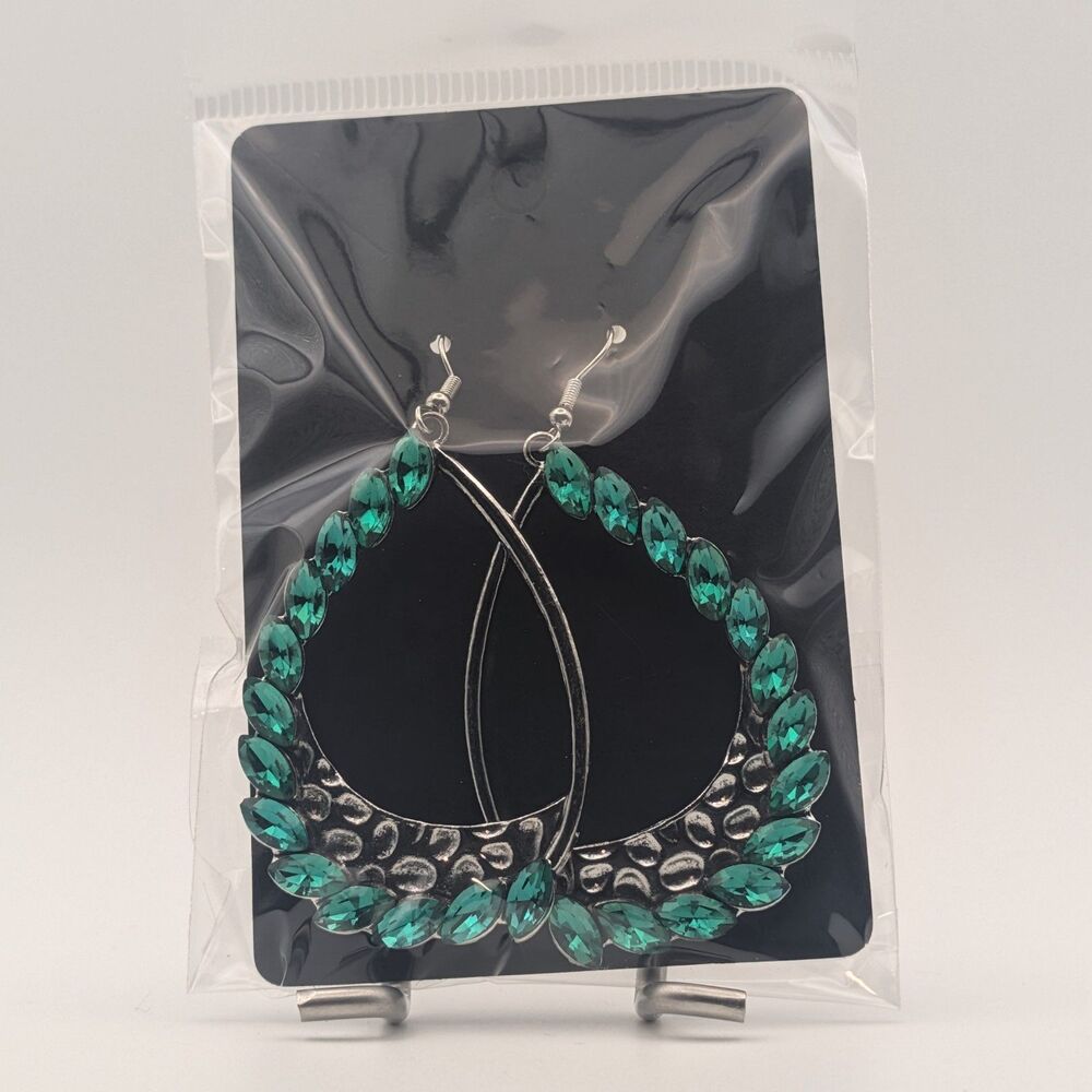Women’s Statement Teardrop Earrings – Green Rhinestones – Boho Fashion